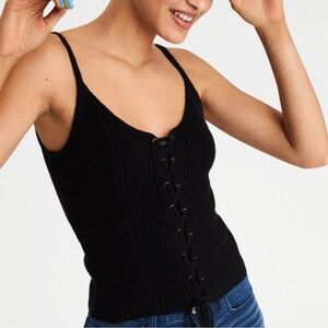 American Eagle Y2K Cottage Whimsigoth Boho Lace Up Corset Knit Tank Top Black S